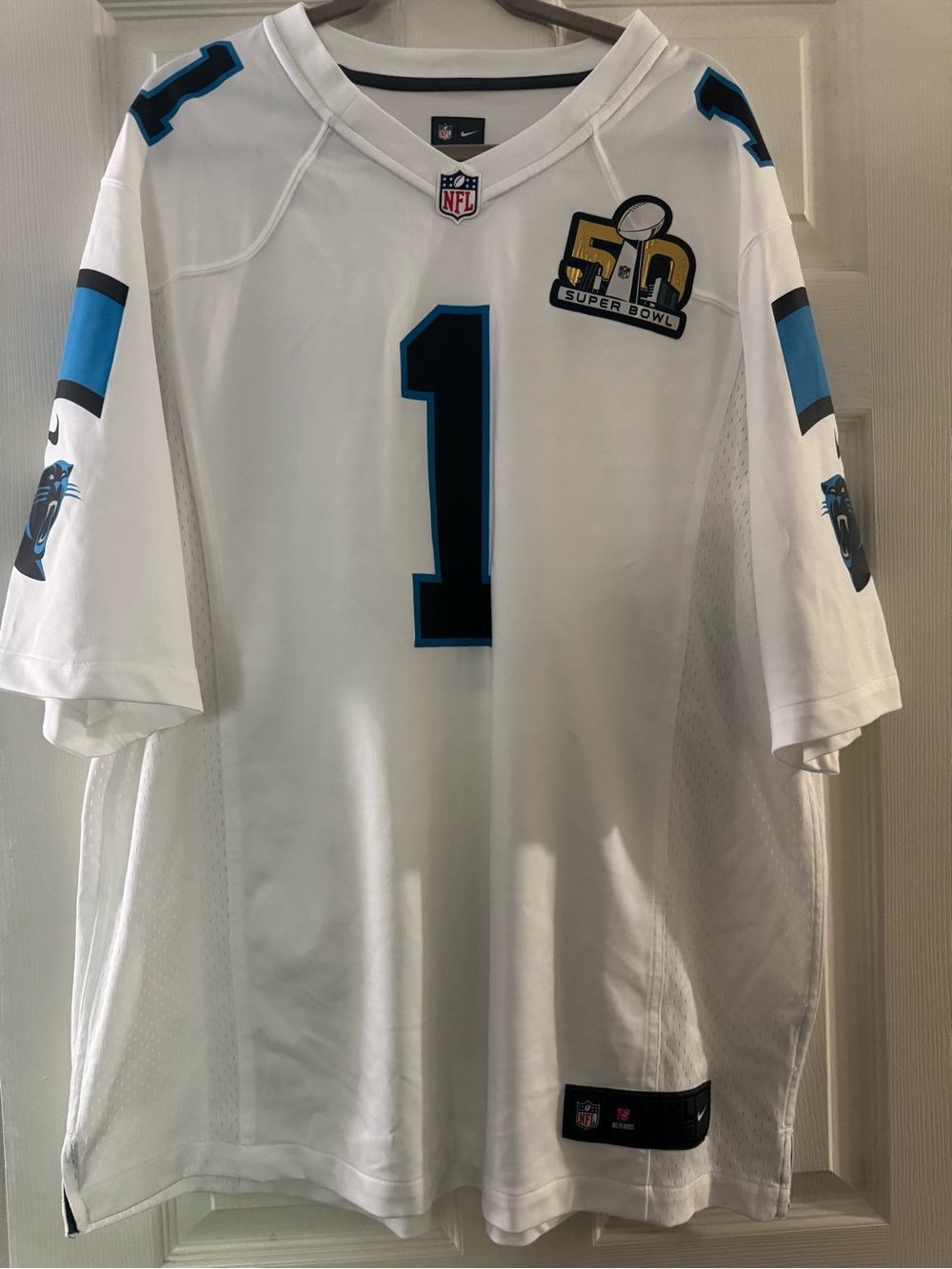 NFL White Carolina Panthers #1 Jersey with Super Bowl 50 Patch